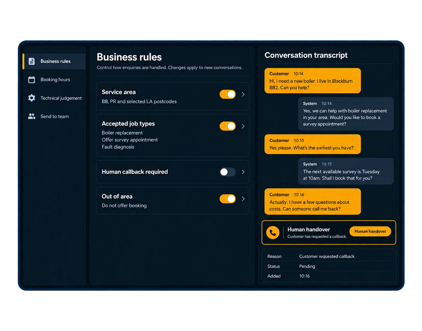Example business configuration showing approved enquiry rules — service area, accepted job types, human callback and out-of-area handling — beside the live conversation transcript they produce, ending in a human handover.
